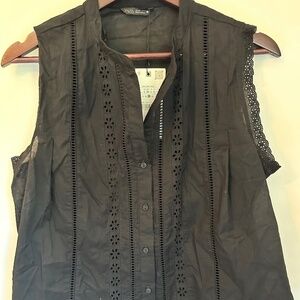 ZARA Embroidered Lace Trim Shirt — Black | Size Large | New With Tags